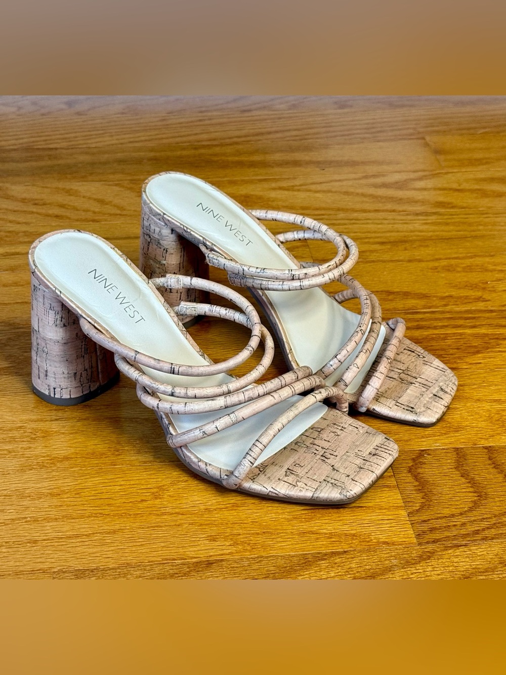 Nine West Glowy Cork Strappy Block Heel Sandals Square Toe Mules Size 7M